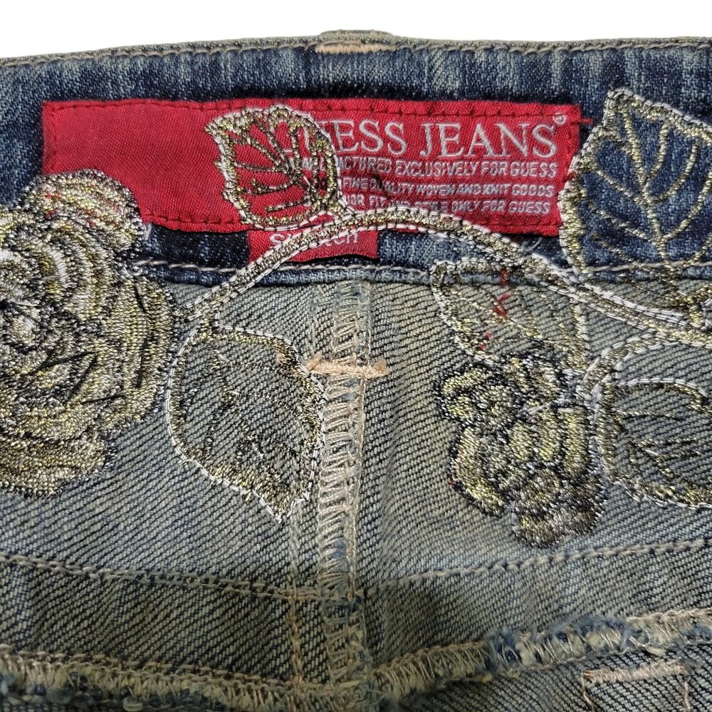 Guess Womens Size 32 Jeans Denim Embroidered Gold Roses Bootcut Factory Fade - Picture 7 of 15